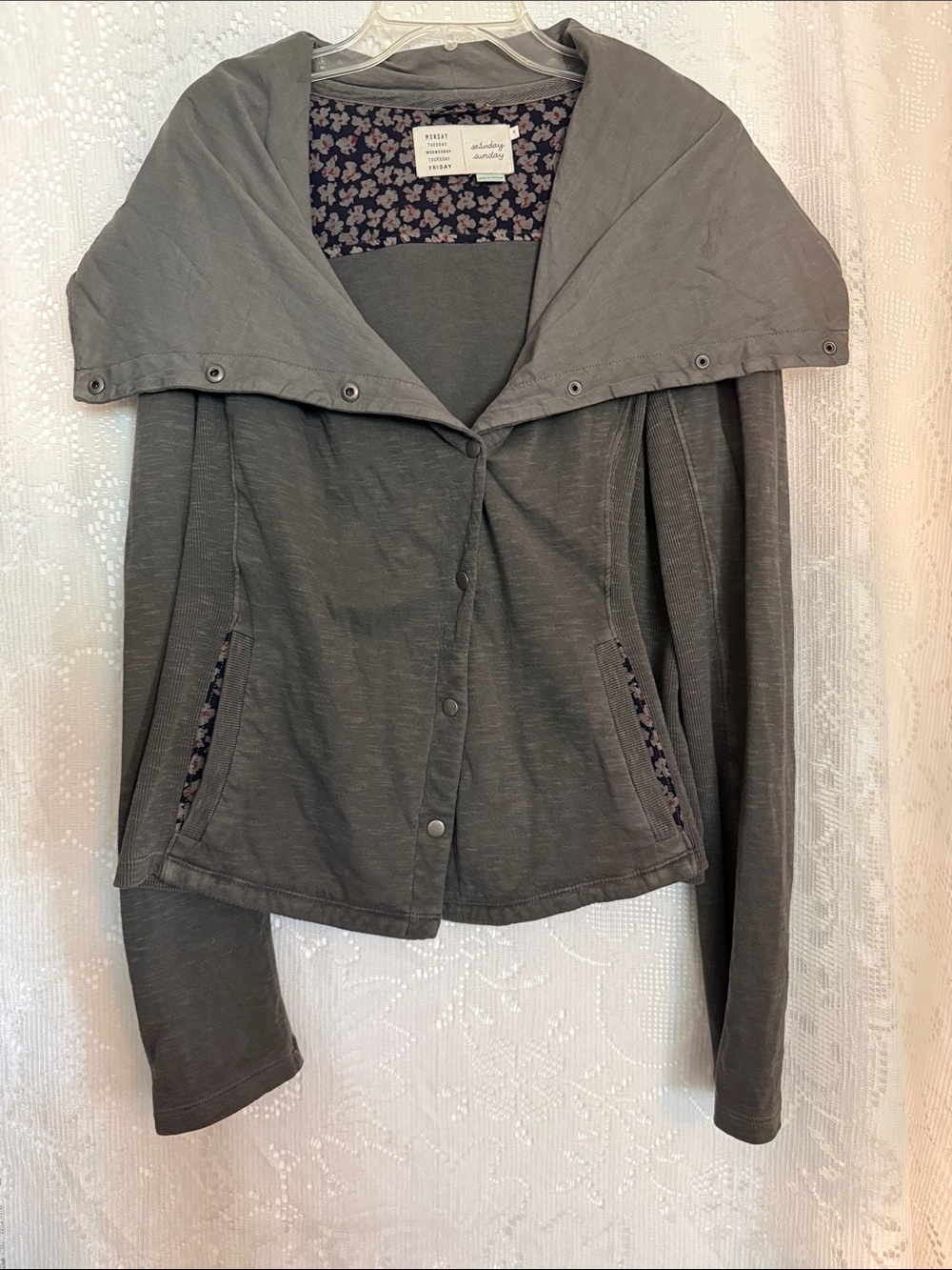 Saturday Sunday Anthropology Grey Snap-Front Jacket with Floral Trim